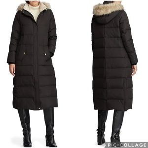 Lauren Ralph Lauren Long Faux Fur Trim Hooded Puffer Coat Black XL